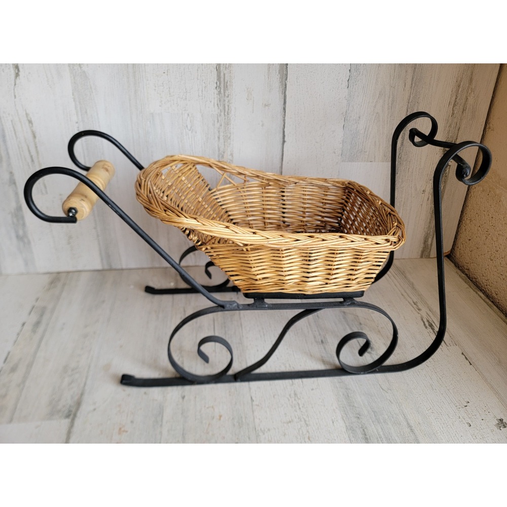 Vintage large wicker basket sleigh metal Xmas centerpiece home decor unique